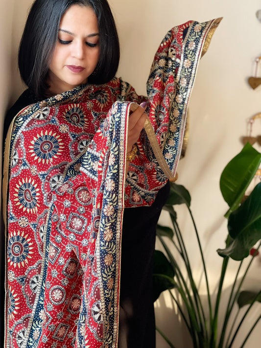 Printed Ajrakh Chinon Dupatta with Thread & Sequin Embroidery