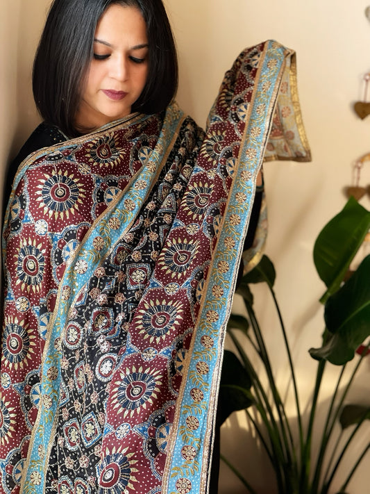 Printed Ajrakh Chinon Dupatta with Thread & Sequin Embroidery