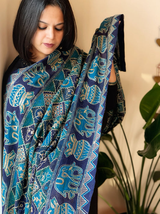 Blue Chinon Printed Bandhej Dupatta with Gold Thread & Sequin Embroidery