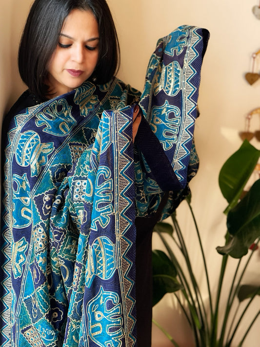 Blue Chinon Printed Bandhej Dupatta with Gold Thread & Sequin Embroidery