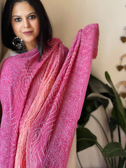 Pink, Peach Rai Bandhej Dupatta with Lucknowi Handwork in Pure Georgette