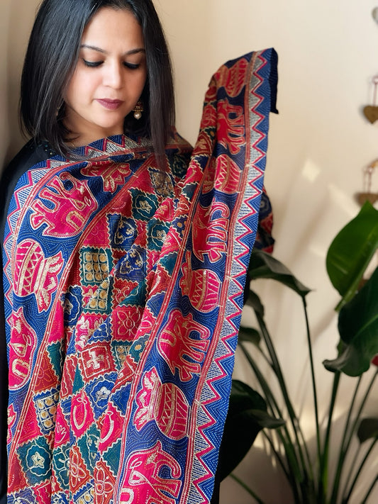 Blue Chinon Printed Bandhej Dupatta with Gold Thread & Sequin Embroidery