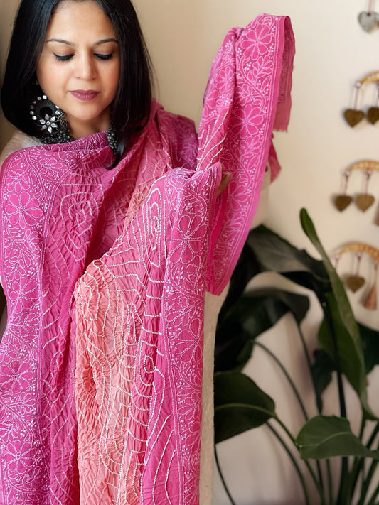 Pink, Peach Rai Bandhej Dupatta with Lucknowi Handwork in Pure Georgette