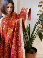 Brick Orange Designer Phulkari Dupatta in Khaddar Cotton