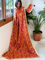 Brick Orange Designer Phulkari Dupatta in Khaddar Cotton
