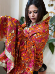 Brick Orange Designer Phulkari Dupatta in Khaddar Cotton