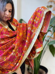 Brick Orange Designer Phulkari Dupatta in Khaddar Cotton