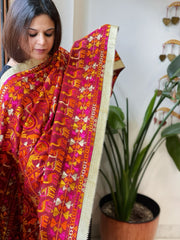 Red Designer Phulkari Dupatta in Khaddar Cotton