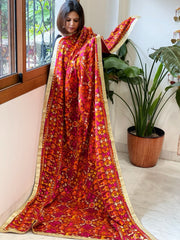 Red Designer Phulkari Dupatta in Khaddar Cotton