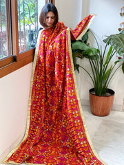 Red Designer Phulkari Dupatta in Khaddar Cotton