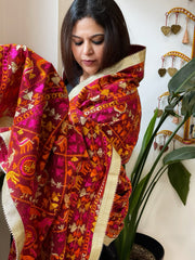 Red Designer Phulkari Dupatta in Khaddar Cotton