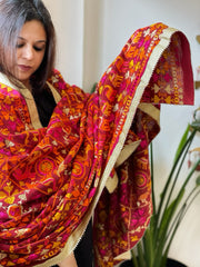 Red Designer Phulkari Dupatta in Khaddar Cotton