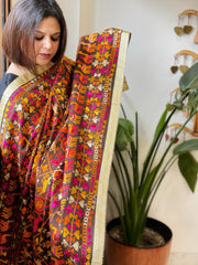 Cola Brown Designer Phulkari Dupatta in Khaddar Cotton