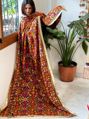 Cola Brown Designer Phulkari Dupatta in Khaddar Cotton