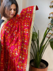 Red Designer Phulkari Dupatta in Khaddar Cotton