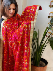 Red Designer Phulkari Dupatta in Khaddar Cotton