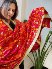 Red Designer Phulkari Dupatta in Khaddar Cotton