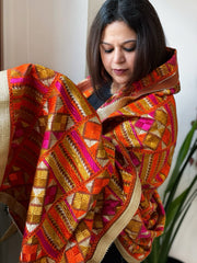 Mustard Designer Phulkari Dupatta in Khaddar Cotton