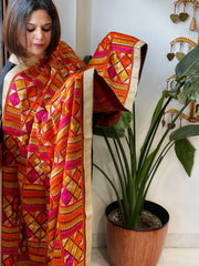 Deep Red Designer Phulkari Dupatta in Khaddar Cotton
