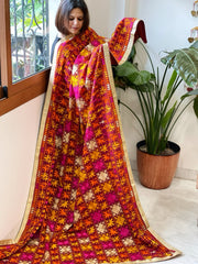 Deep Red Designer Phulkari Dupatta in Khaddar Cotton