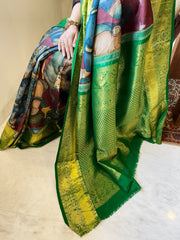 Handpainted Ramayana Theme Kalamkari Saree with Kanchipuram Pattu Border & Pallu in Pure Tussar Silk