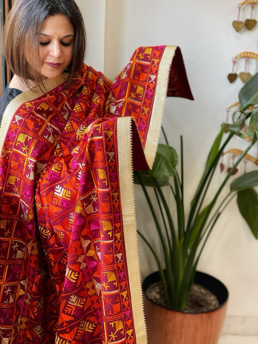Maroon Designer Phulkari Dupatta in Khaddar Cotton