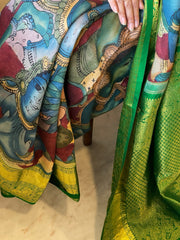 Handpainted Ramayana Theme Kalamkari Saree with Kanchipuram Pattu Border & Pallu in Pure Tussar Silk