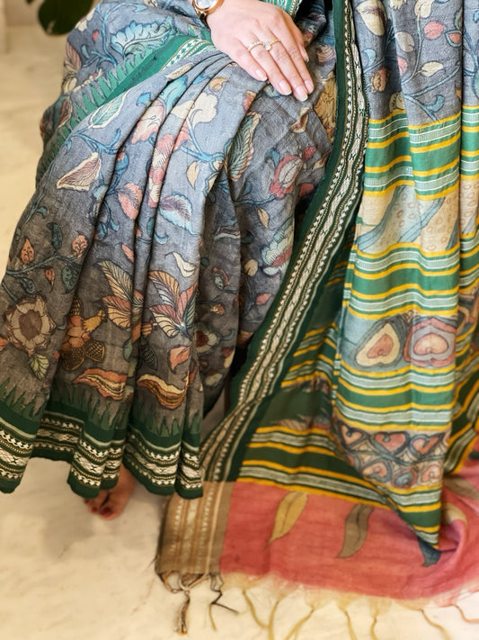 Grey Handpainted Kalamkari Saree in Pure Tussar Silk