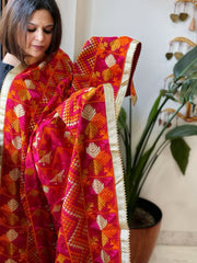 Red Designer Phulkari Dupatta in Khaddar Cotton