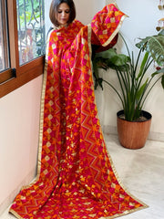 Red Designer Phulkari Dupatta in Khaddar Cotton