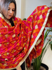 Red Designer Phulkari Dupatta in Khaddar Cotton