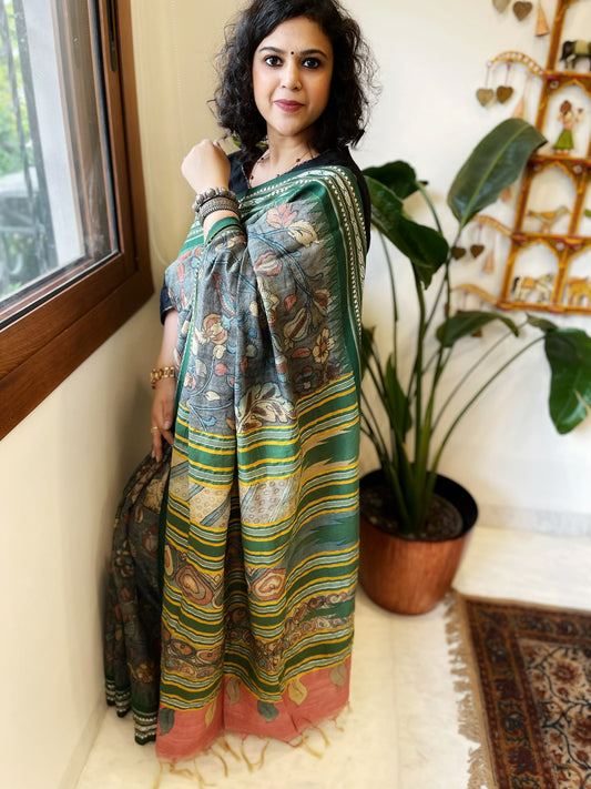 Grey Handpainted Kalamkari Saree in Pure Tussar Silk