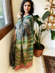 Grey Handpainted Kalamkari Saree in Pure Tussar Silk