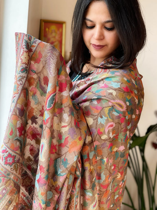 Lite Brown Woven Kaani Jaal Pashmina Stole