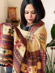 Beige Handwoven Woollen Shawl with Mirror Handwork