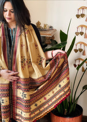 Beige Handwoven Woollen Shawl with Mirror Handwork