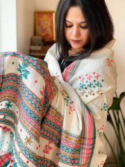 White Handwoven Woollen Shawl with Mirror Handwork