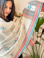 White Handwoven Woollen Shawl with Mirror Handwork