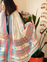 White Handwoven Woollen Shawl with Mirror Handwork