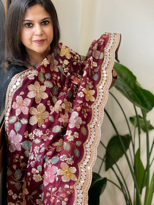 Maroon Georgette Dupatta with Gold Thread Embroidery and Scalloped Border