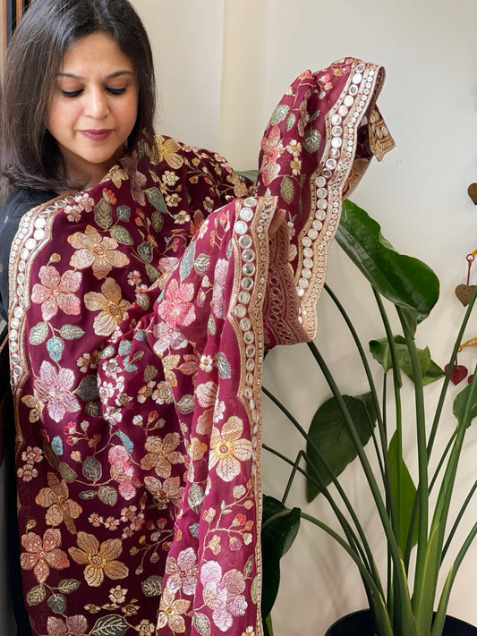 Maroon Georgette Dupatta with Gold Thread Embroidery and Scalloped Border