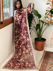 Maroon Georgette Dupatta with Gold Thread Embroidery and Scalloped Border
