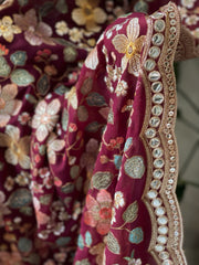 Maroon Georgette Dupatta with Gold Thread Embroidery and Scalloped Border