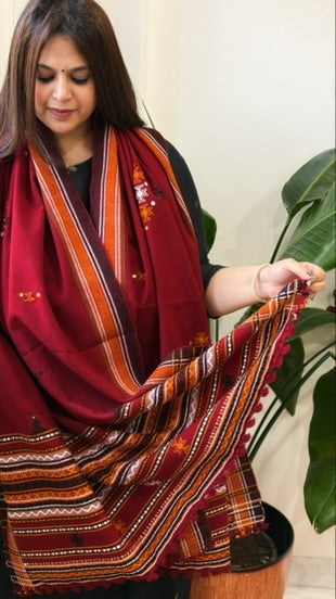 Maroon Handwoven Woollen Shawl with Mirror Handwork