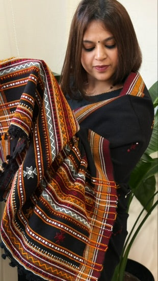 Black Handwoven Woollen Shawl with Mirror Handwork