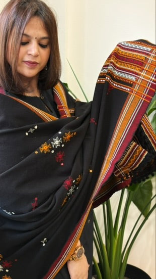 Black Handwoven Woollen Shawl with Mirror Handwork