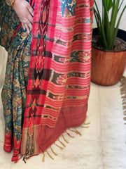 Beige Handpainted Kalamkari Saree in Pure Tussar Silk