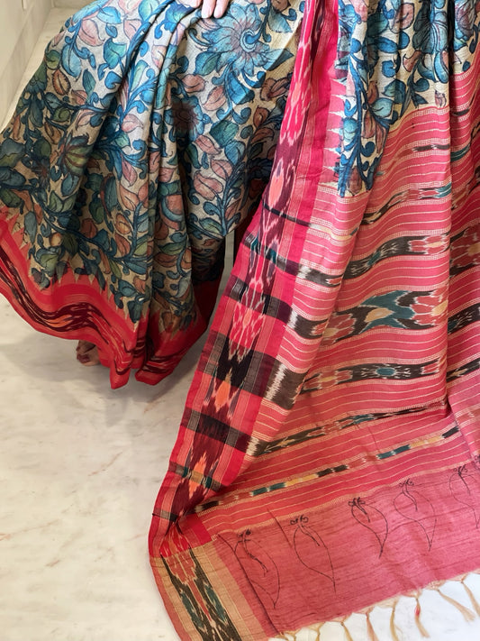 Beige Handpainted Kalamkari Saree in Pure Tussar Silk