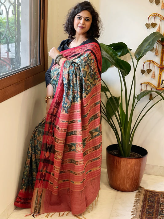 Beige Handpainted Kalamkari Saree in Pure Tussar Silk