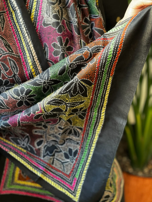 Black Handmade Reverse Nakshi Kantha Stole in Pure Silk